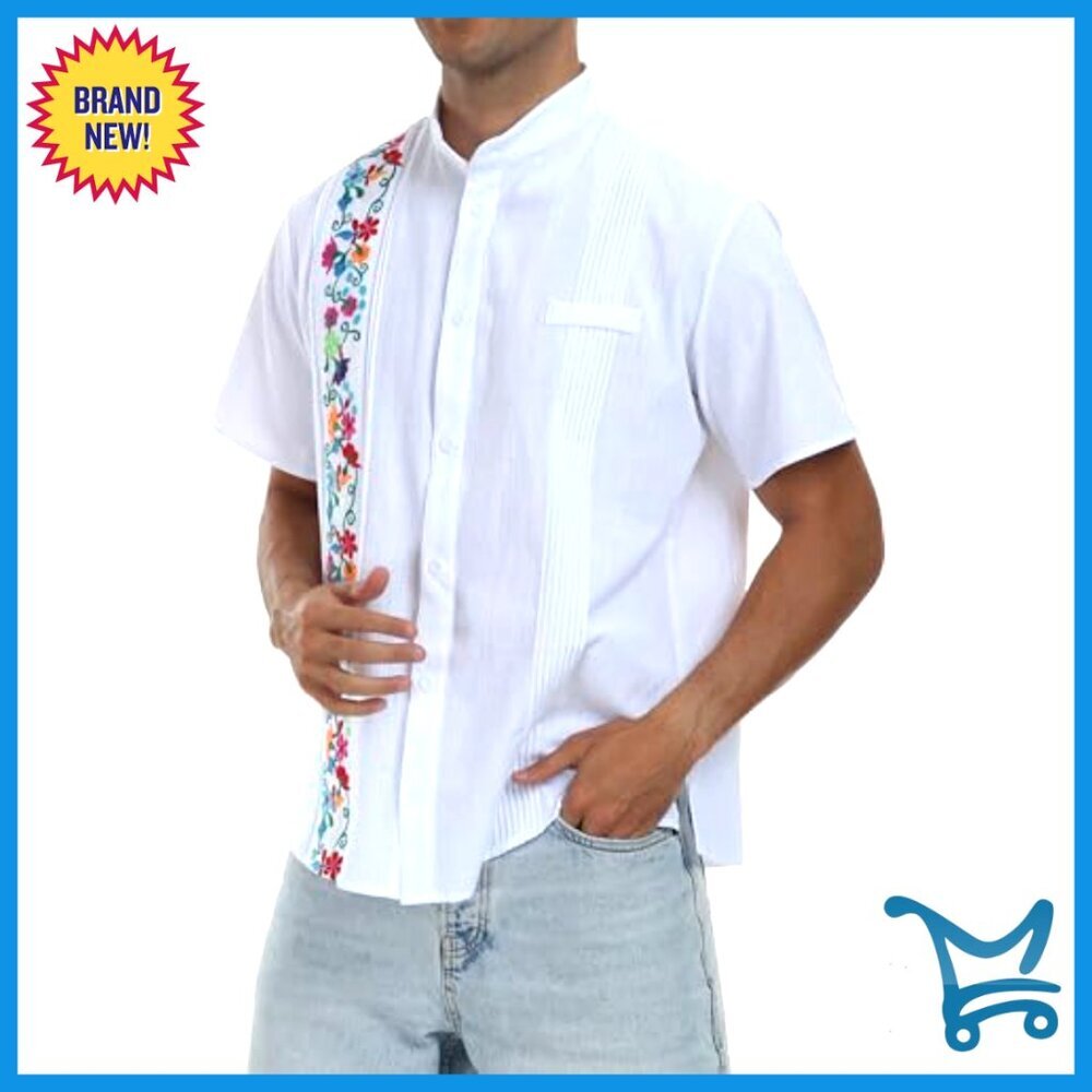Men's Embroidered Cotton Cuban Shirt Summer Short Sleeve Button Down - Picture 3 of 7